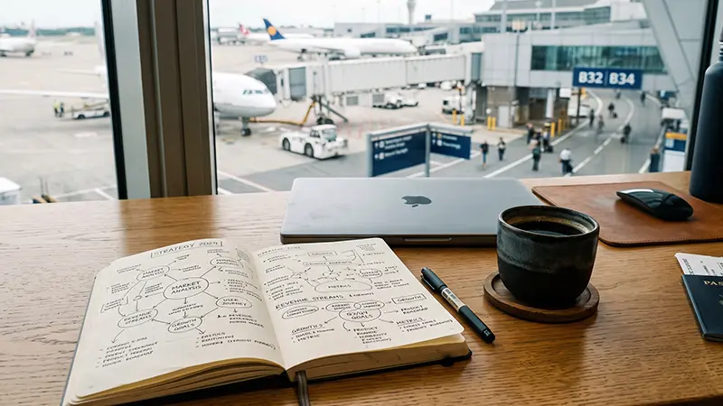 Startup international expansion strategy planning at an airport