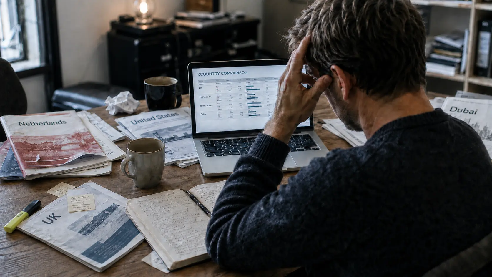 A startup founder comparing international markets at a cluttered office table, surrounded by country reports, handwritten notes, coffee cups, and market data on a laptop